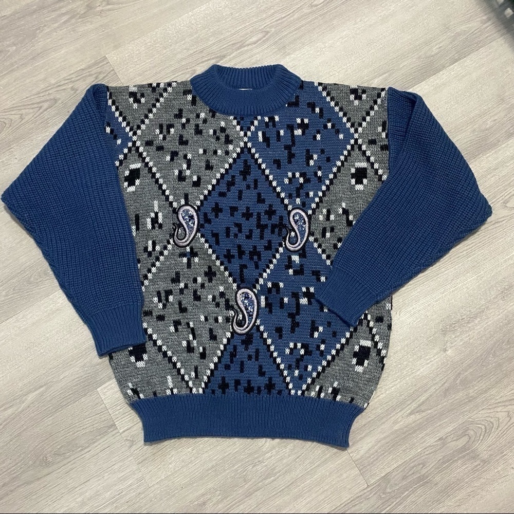 𝅺Vintage Retro Grandpacore Argyle Pattern Chunky Knit Wool Blend Sweater M